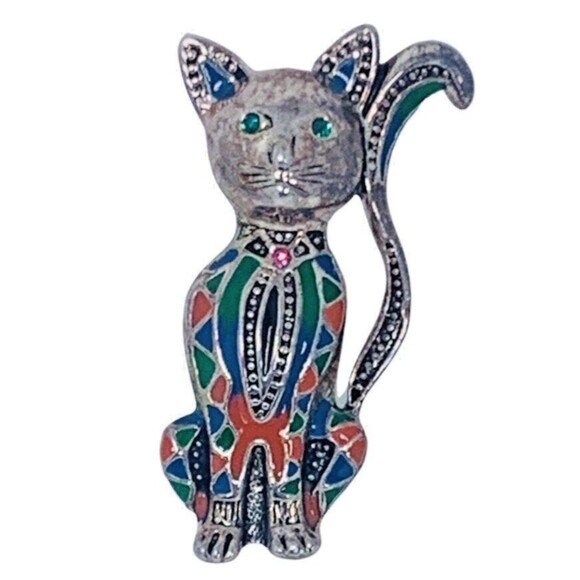 VTG Guilloche Siamese Cat Brooch Pin 2 1/8" Silver Tone Ethnic Multicolor - Picture 5 of 6